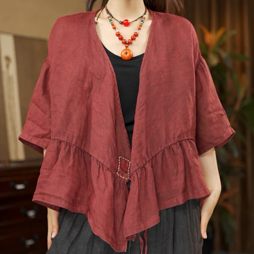 新款6142复古炒色做旧系带上衣