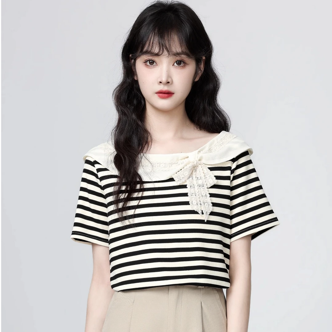 法式黑白条纹短袖T恤女2025夏季新款设计感宽松体恤独特别致上衣