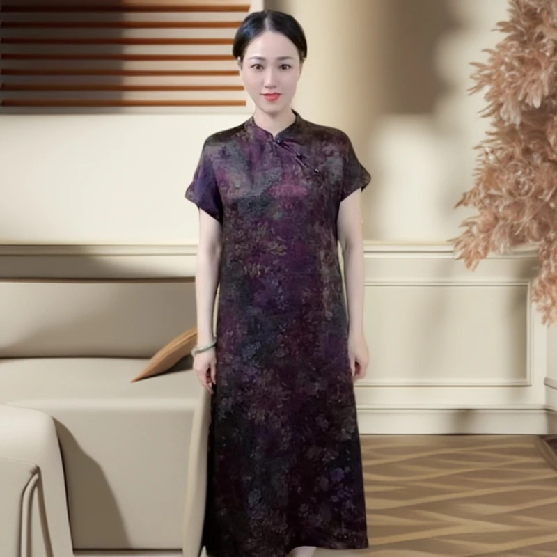 江南鑫雅阁【朝花漫紫】新中式复古国风花萝提花改良旗袍连衣裙显瘦