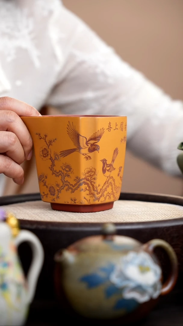 茶壶紫砂黄金段粉浆四方公道杯刻鸟
