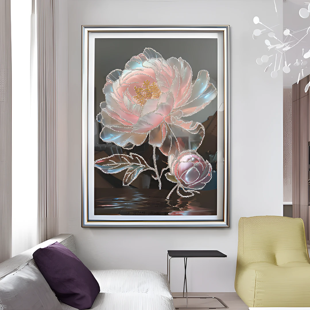 钢化玻璃【牡丹花】实物画2025新款简约花卉客厅卧室优雅砖石挂画