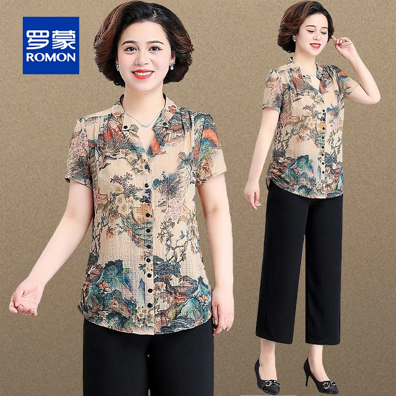 罗蒙中年妈妈夏装衬衫女短袖套装女夏季新款50岁中老年女两件套