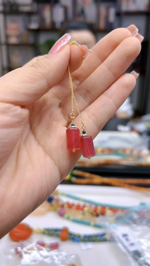 【闪购商品】西瓜碧玺耳饰银S925镀金镶嵌E708