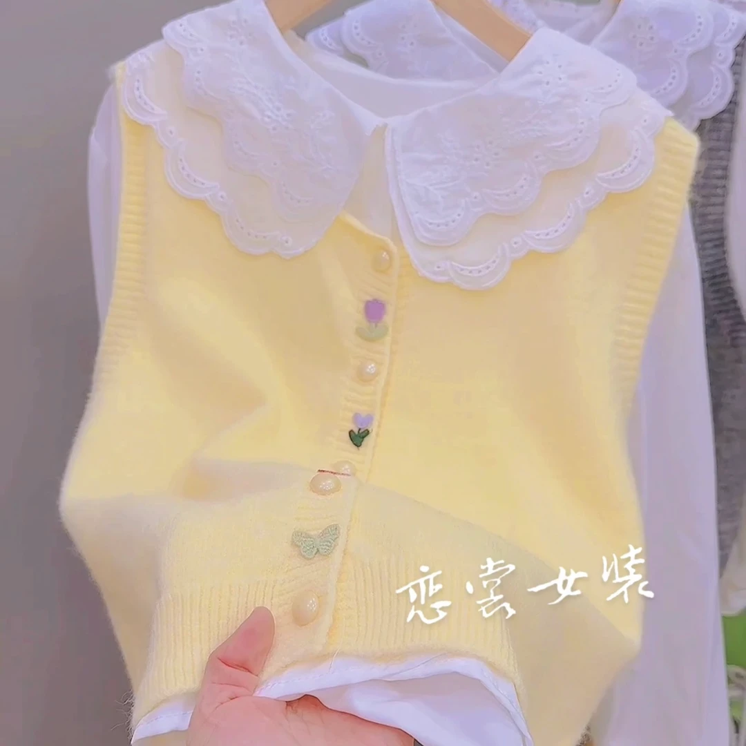 2025春秋纯色长袖双层娃娃领衬衫糖果色甜美针织马甲洋气两件套