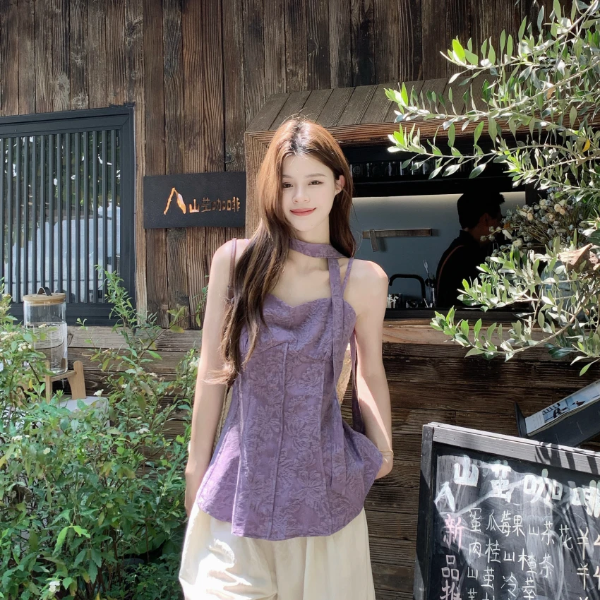 嘉陌专属 2025夏季法式复古气质提花飘带百搭洋气吊带上衣