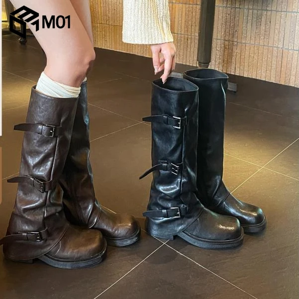 M01增高厚底裤管靴女秋季骑士靴子女长筒靴粗跟扣带中筒堆堆靴