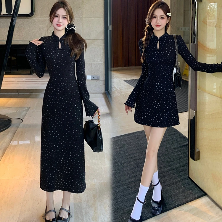 2025爆款大码女装黑色新中式印花连衣裙胖MM春季碎花气质风裙子女
