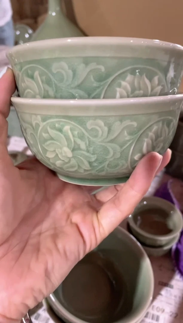 耀州窑瑕疵处理4.5英寸莲纹小碗  2个色差