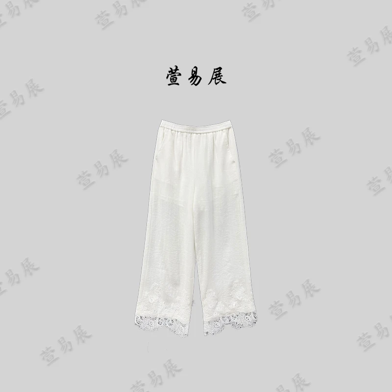 萱易展-设计师百搭纯色拼接蕾丝休闲麻裤-7748