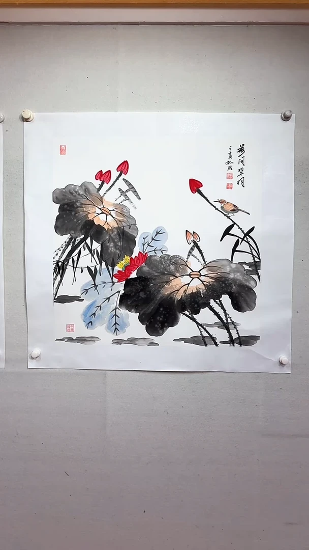 国画荷涧翠羽/4尺斗方托底/雷畅胜