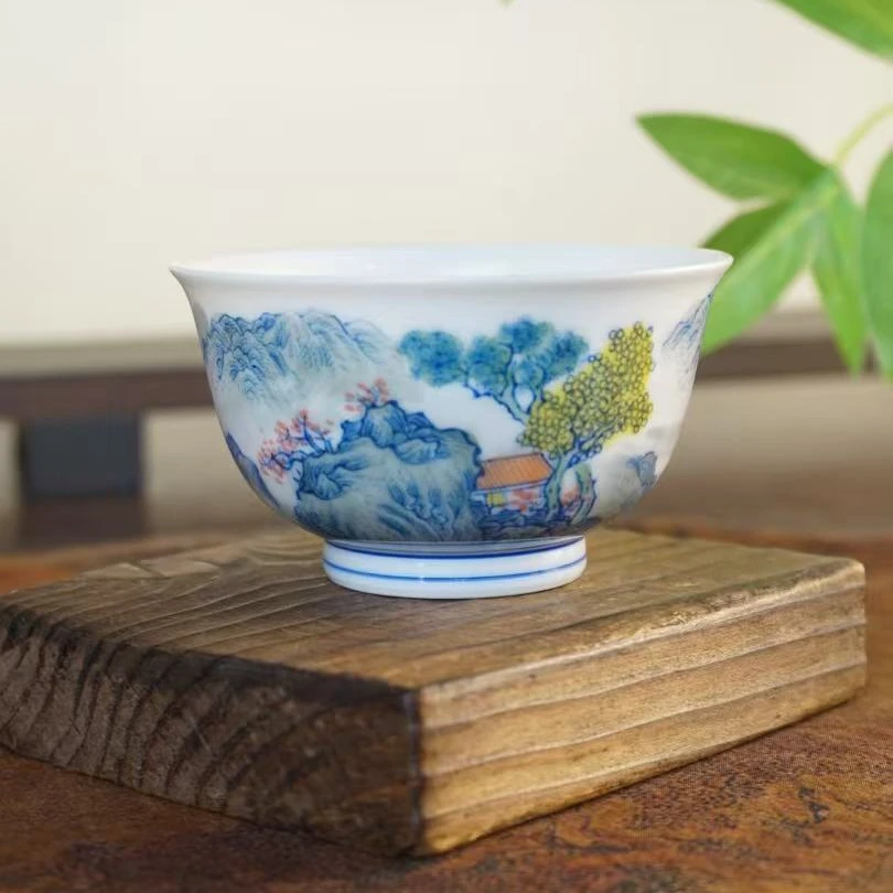 德物小雅纯手工手绘山水绿水青山青花釉下五彩主人杯柴窑主人杯
