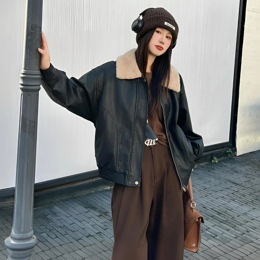 秋冬加绒皮衣外套女新款爆款夹克皮衣外套女加绒加厚韩版冬季皮衣