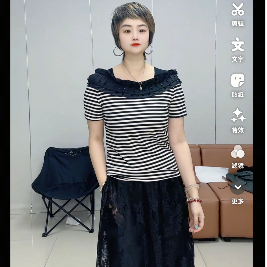 小施家气质女人味重工玫瑰花蕾丝钉珠显痩别致T恤3622