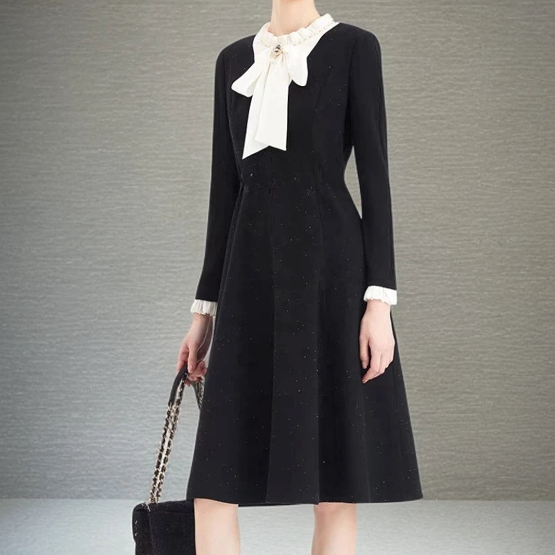 【绵羊毛】GXO2025冬蝴蝶结飘带领黑色气质连衣裙秋冬裙子女LYQ0371