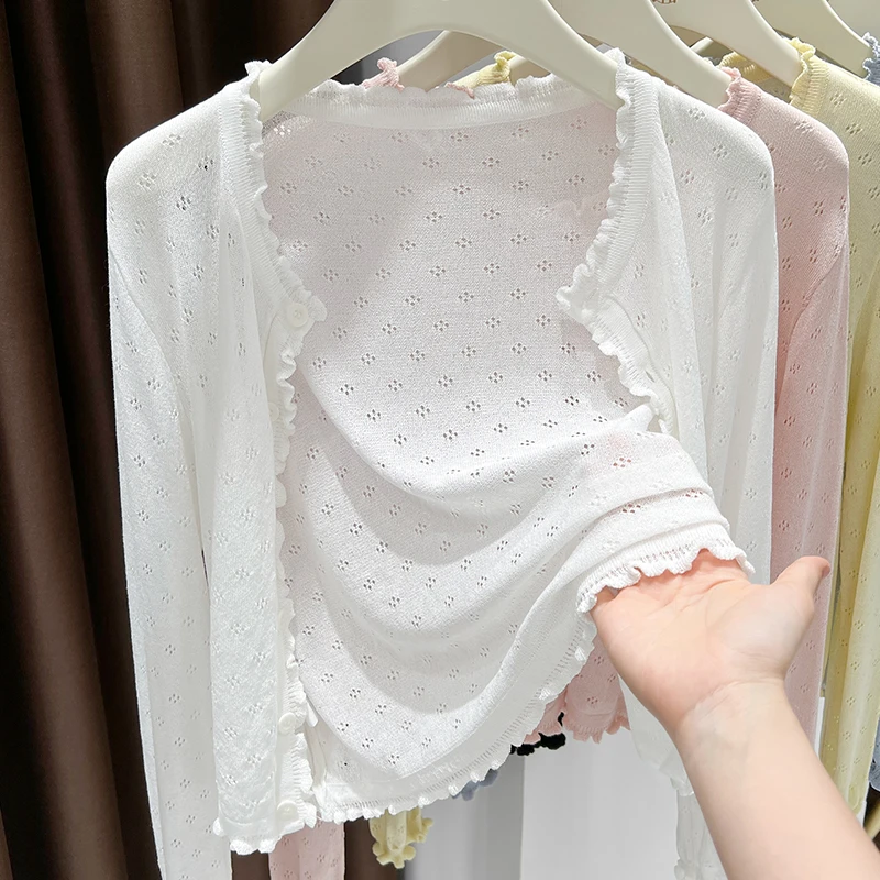 木耳边冰丝针织防晒小开衫夏季镂空短款披肩配吊带裙长袖修身上衣