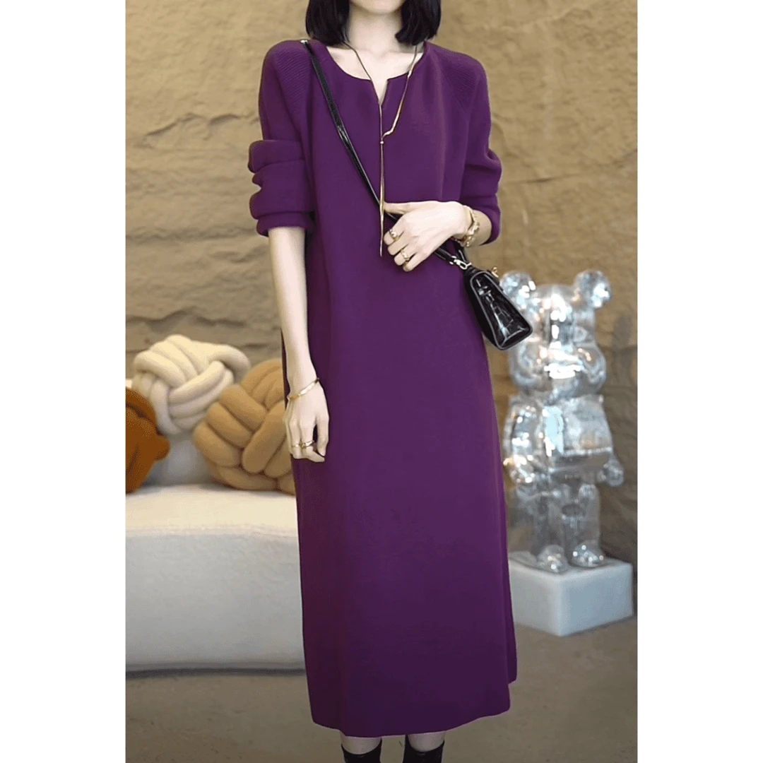 紫色大码小众高级感裙子秋冬新款2025显瘦气质轻奢针织长袖连衣裙