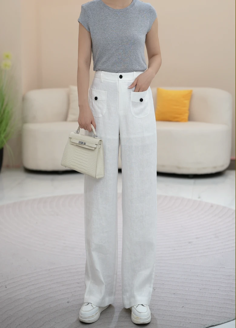 小小100%亚麻老钱风休闲裤高腰显瘦直筒裤K2169