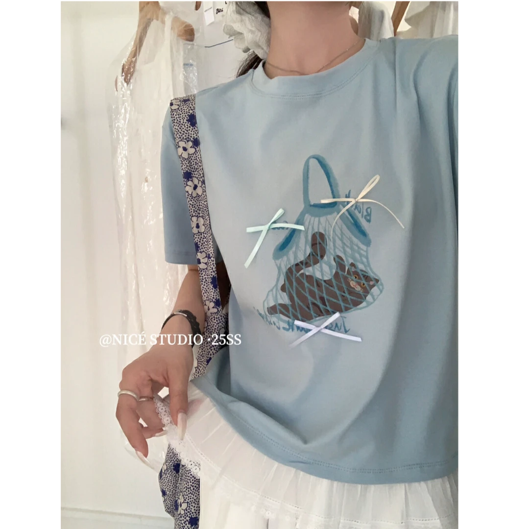 夏上新！甜美风猫咪印花短袖T恤夏季时尚小众重工圆领设计感上衣女