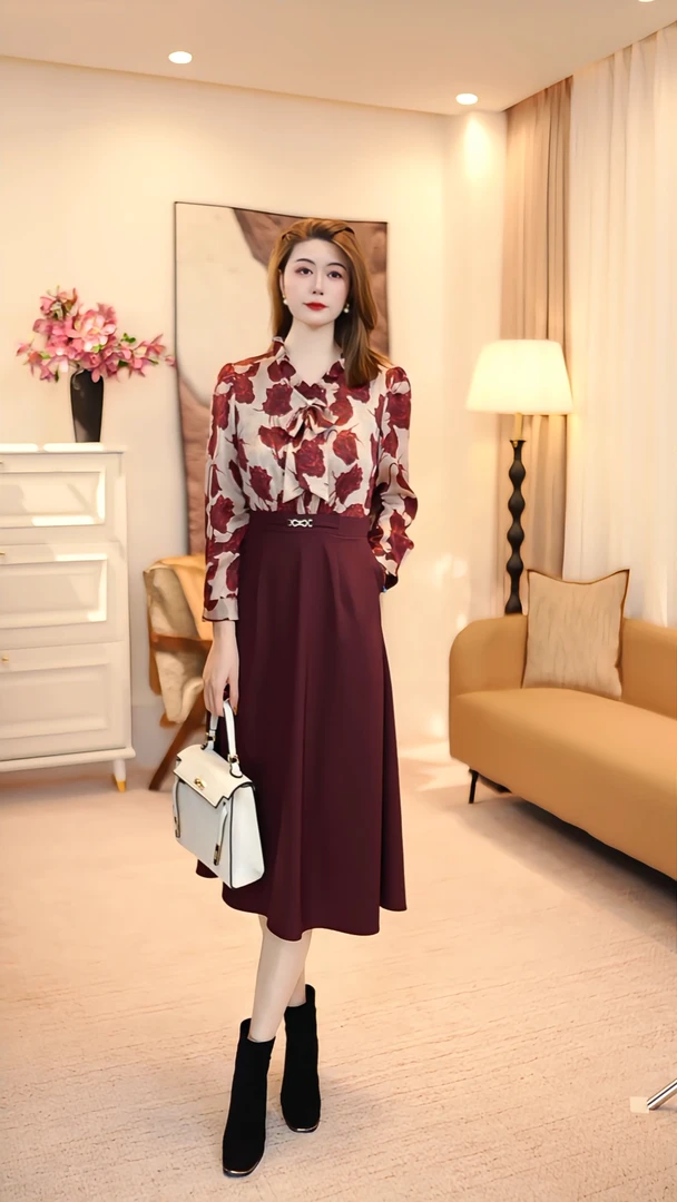 长裙V领长袖秋季中长裙连衣裙中式法式轻奢中长款 86072