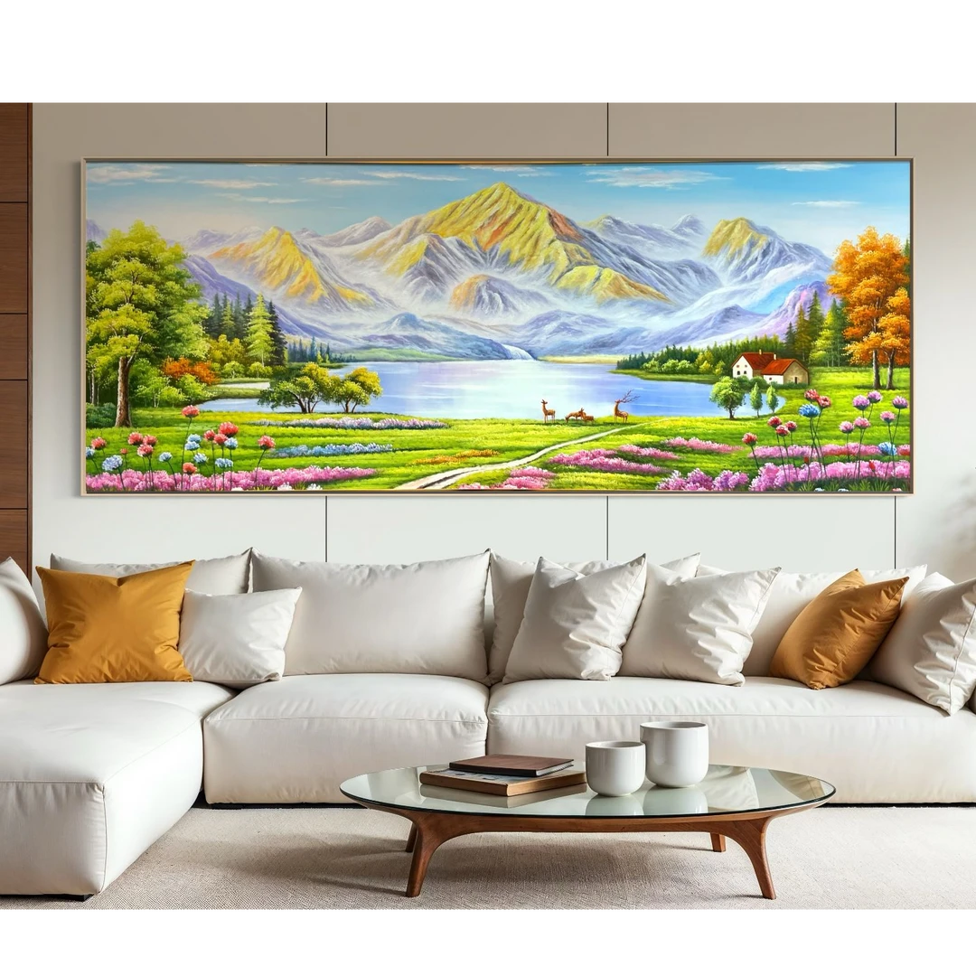 【日照金山.湖畔春居】金山聚宝盆山水画客厅沙发背景墙装饰画