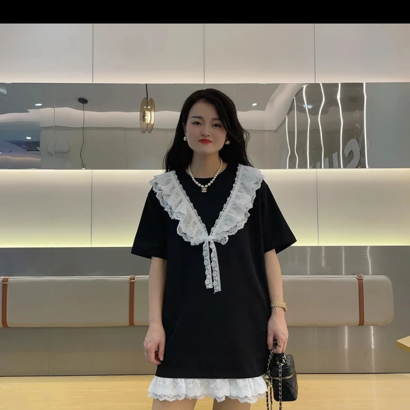 大码胖MM连衣裙2025夏季新款圆领拼接蕾丝花边时尚宽松显瘦裙子