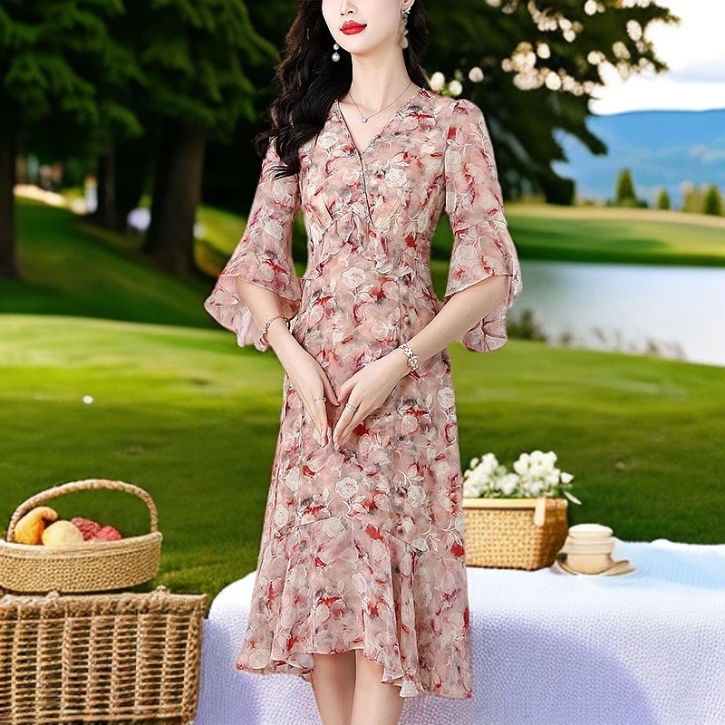 时尚复古浪漫法式碎花连衣裙女2025夏季新款气质显瘦中长裙洋气
