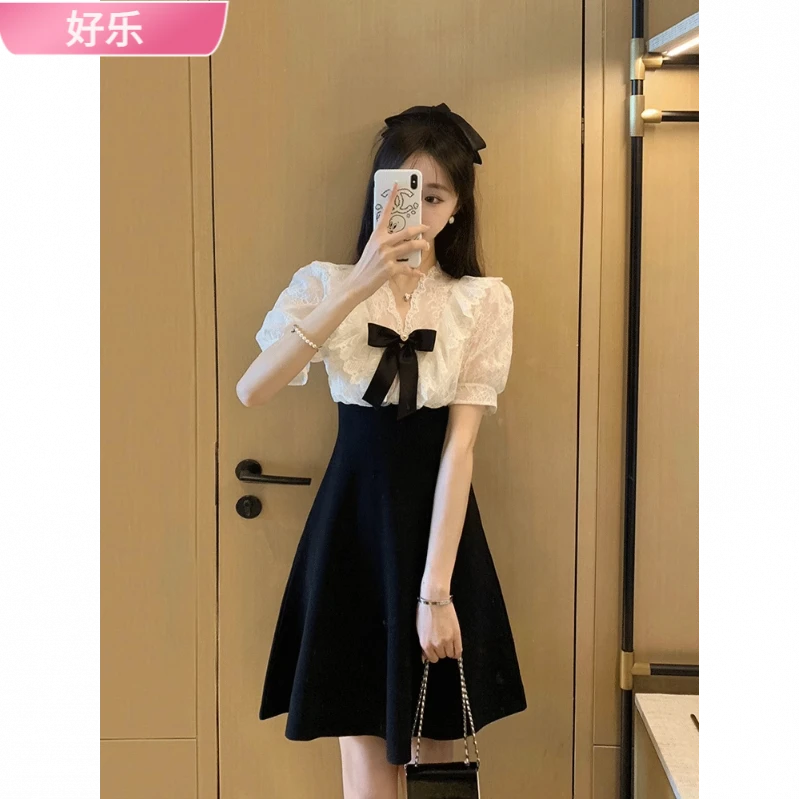 1胖mm小香风法式连衣裙夏季遮肉显瘦气质名媛感拼接短裙女l