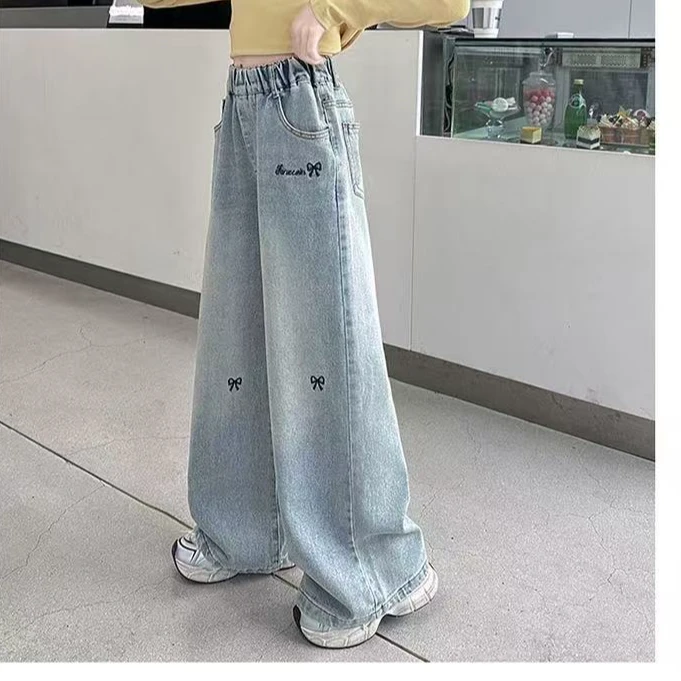 女童直筒夏季韩版牛仔裤2025春季新款女童洋气宽松阔腿裤中大童