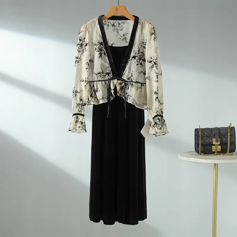 Q444 国风水墨碎花开衫外套+气质显瘦吊带裙两件套