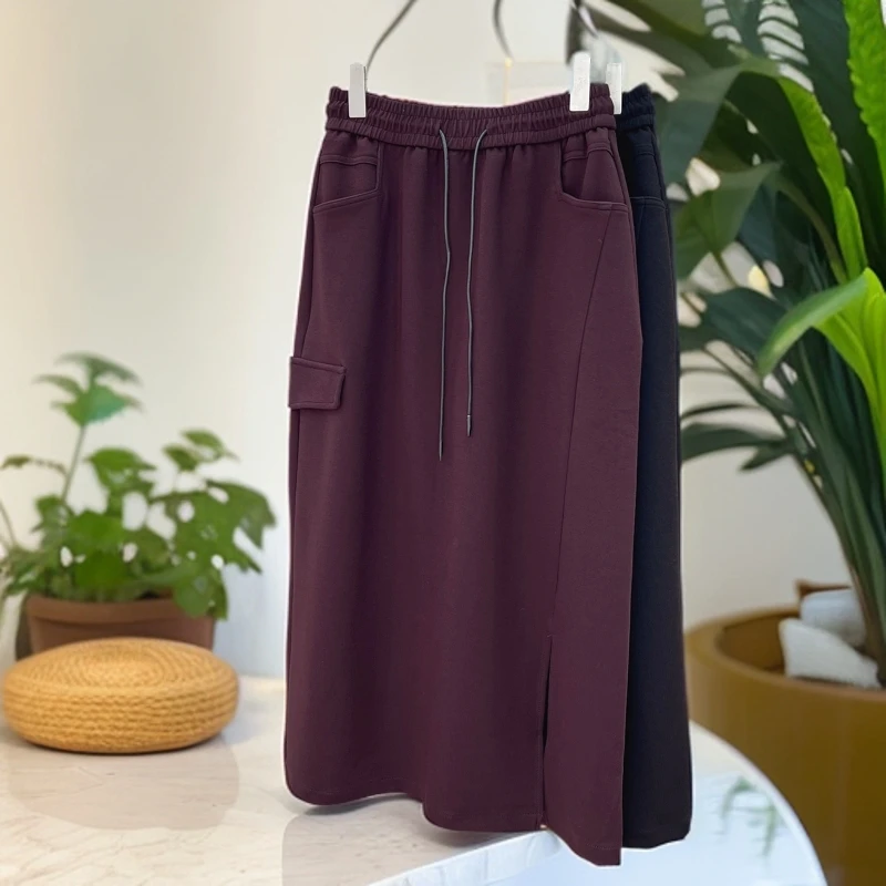 必魅-2024秋季港风ins气质百搭松紧腰半身裙99068开叉中长款裙