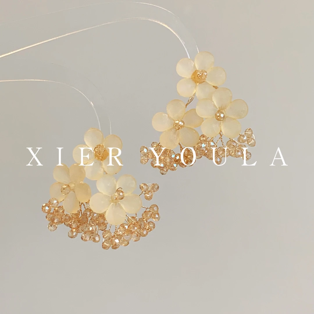 铜合金树脂耳饰 【喜儿ula】4-24-2气质温柔桃花编织花枝精致耳钉