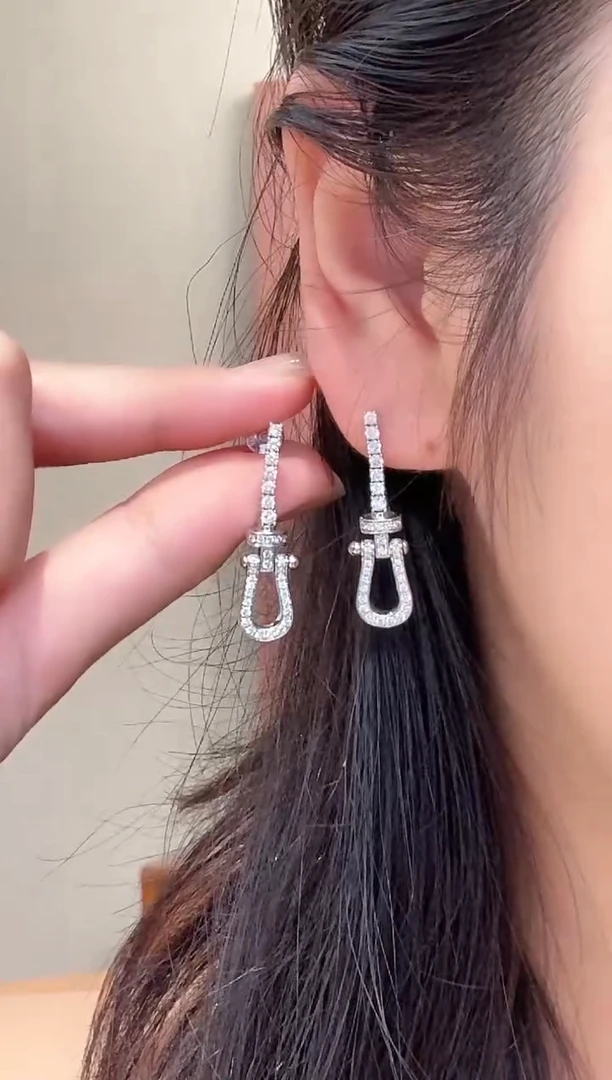 18K金镶嵌实验室培育钻石耳坠耳钉白圆形流苏马蹄扣+