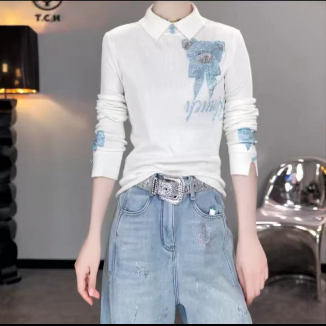 TCH【柔软舒适】冬款时尚烫钻米色休闲风女装打底衫T75D09E1229