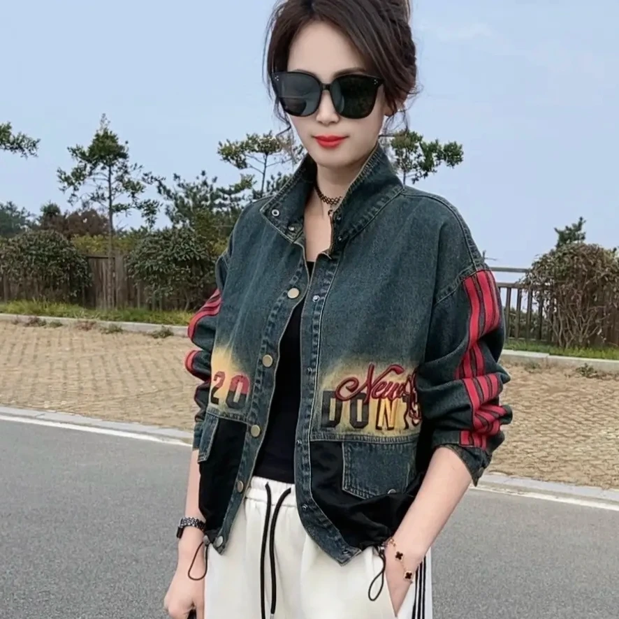 立领复古牛仔外套2025春季新款时尚条纹印花减龄正版牛仔女马甲