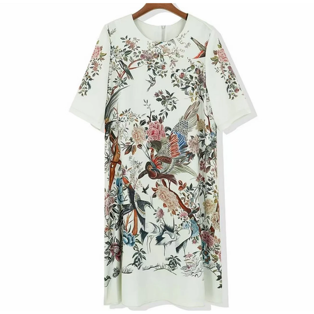 桑蚕丝印花复古绣花中式女装碎花优雅连衣裙25DAK0676