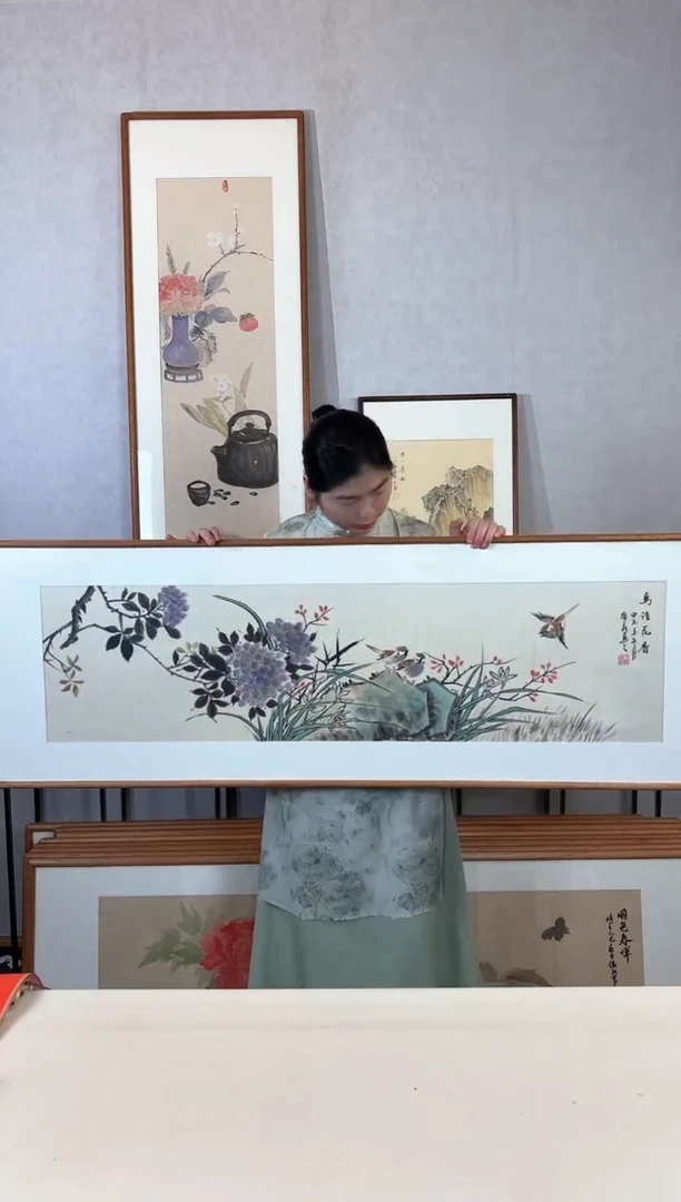 国画手绘*鸟语花香*52*152cm实木框