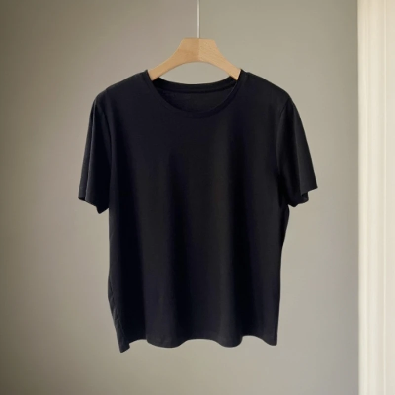 百搭短袖圆领轻职风透气宽松韩版女士T恤半袖黑色夏季舒适简约