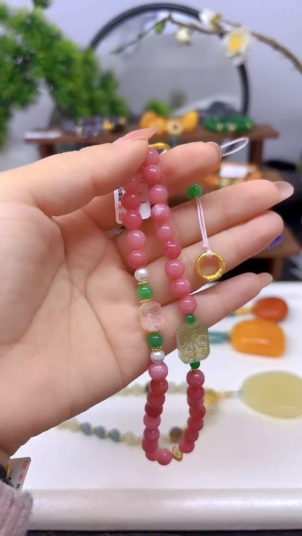 菱锰矿（红纹石）未镶嵌套链手机挂T14