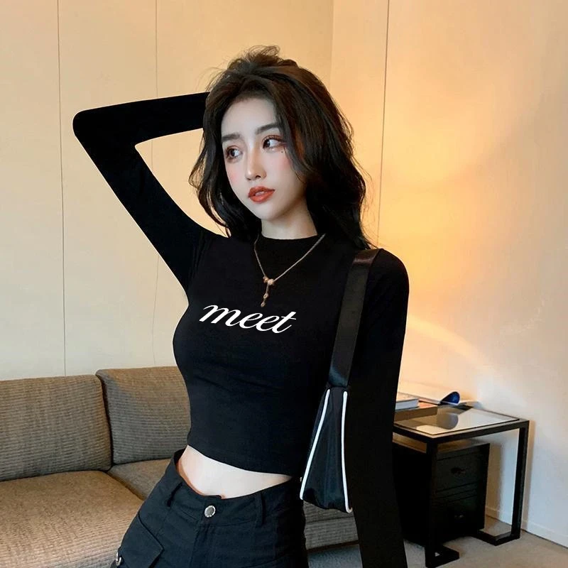 欧美露脐短款女上衣半高领高腰短款漏肚脐长袖t恤修身字母女t恤衫