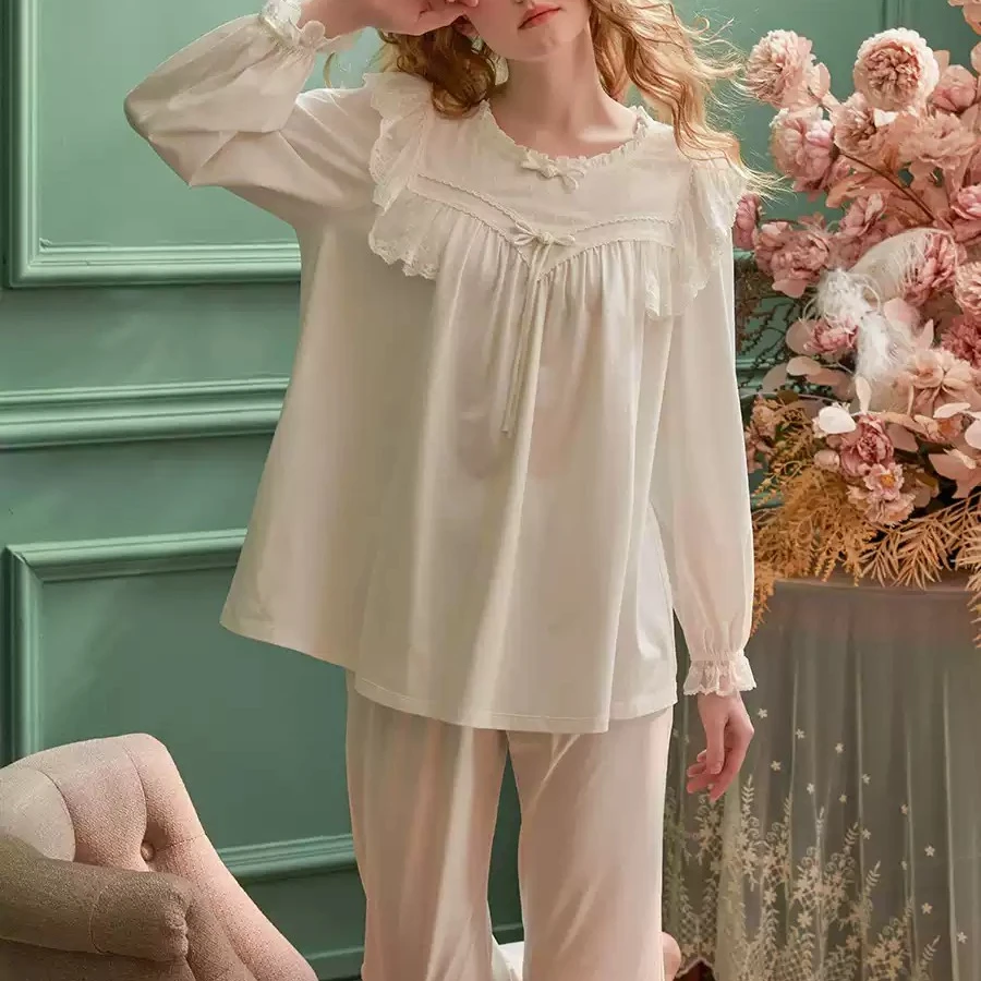 春秋新款睡衣女花边国风甜美浪漫法式长袖长裤家居服套装9381