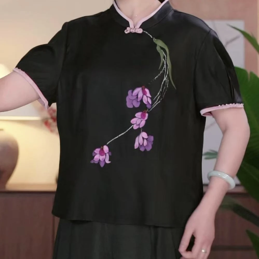 芹 新中式  定位手绘 老料湖丝重缎香云纱 上衣 5586