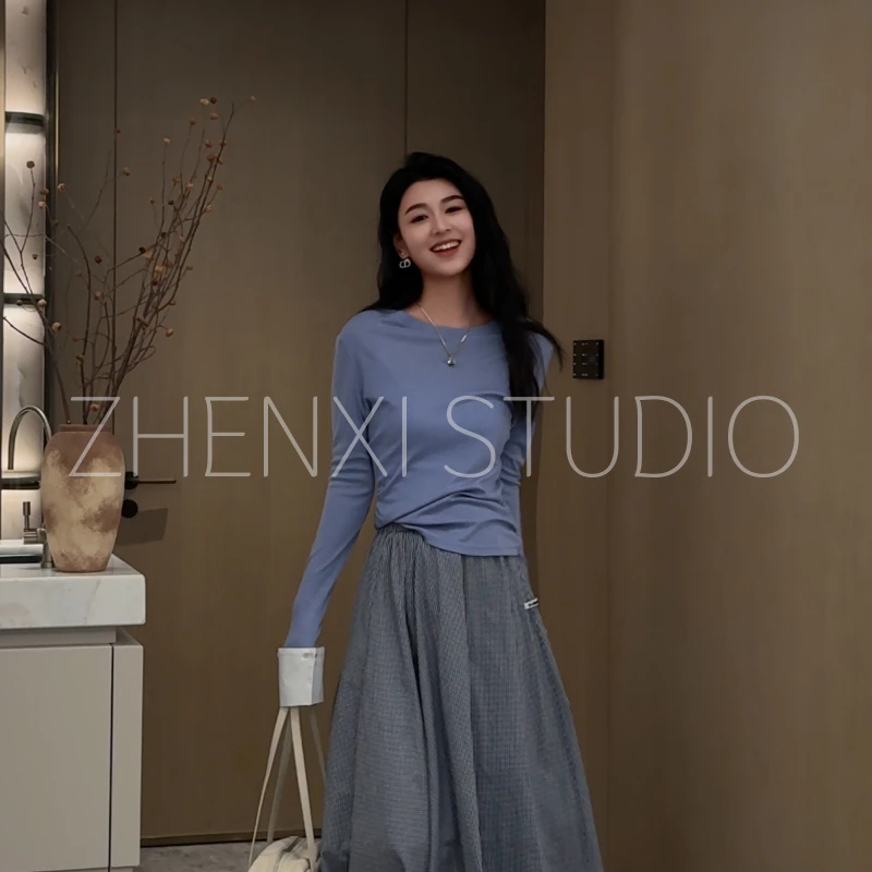 针西【海岛T】高个子穿搭加长显瘦薄款百搭拼接水面膜针织T恤S70239