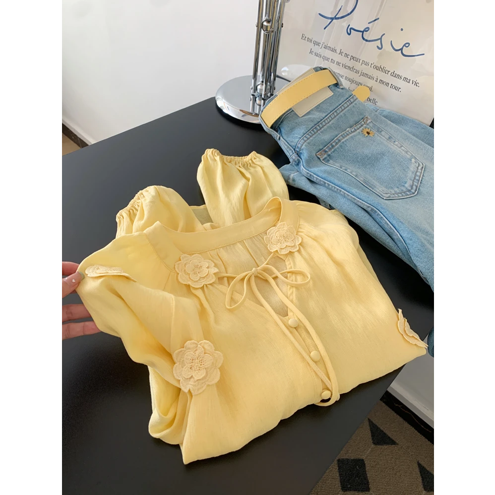 法式黄色立体花朵蝴蝶结系带长袖衬衫衬衣女士气质上衣轻奢高级感