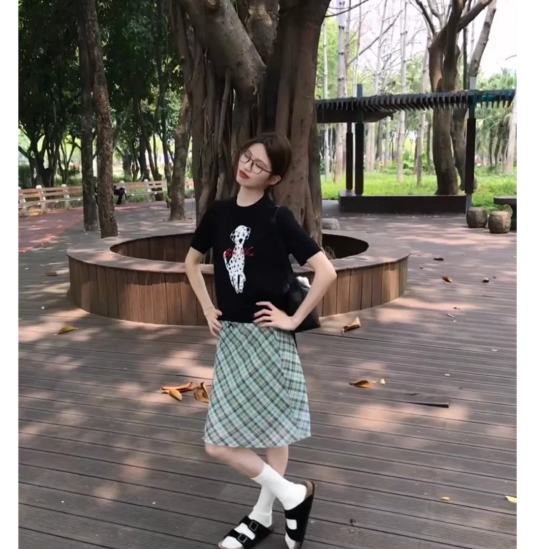 MARIE.COCO高级感印花短袖圆领t恤女高腰格纹半身中裙两件套装