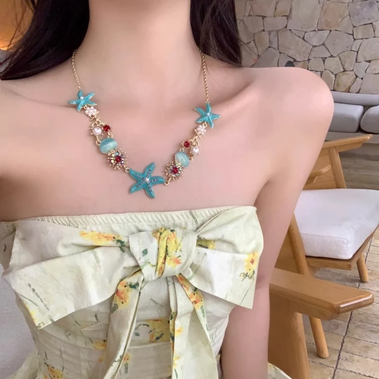 合金项链 夏日海边度假风闪锆珍珠蓝色海星项链锁骨链颈链配饰女