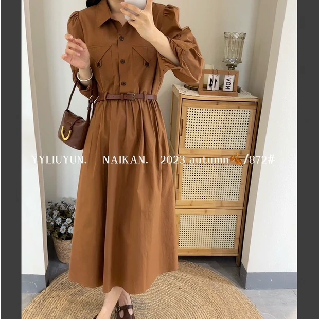 23872气质长袖工装连衣裙女装休闲时尚收腰显瘦中长款裙子