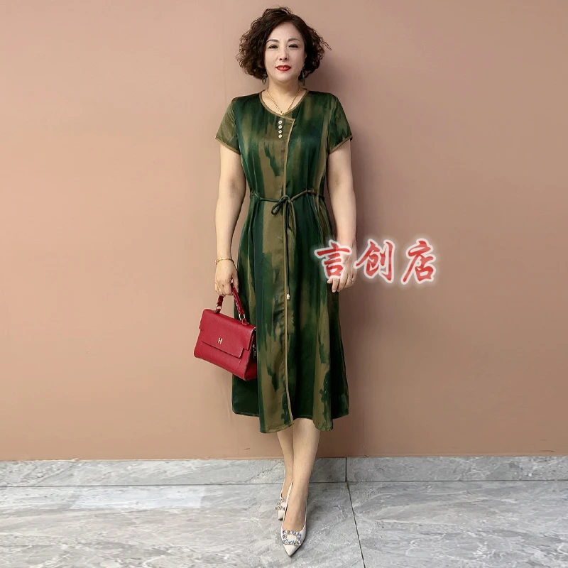2219夏短袖醋酸真丝圆领气质时尚中长款妈妈装中老年高品质连衣裙