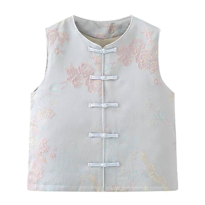 马夹修身型女提花夏季中式立领民族风上衣服装套装马甲中老年