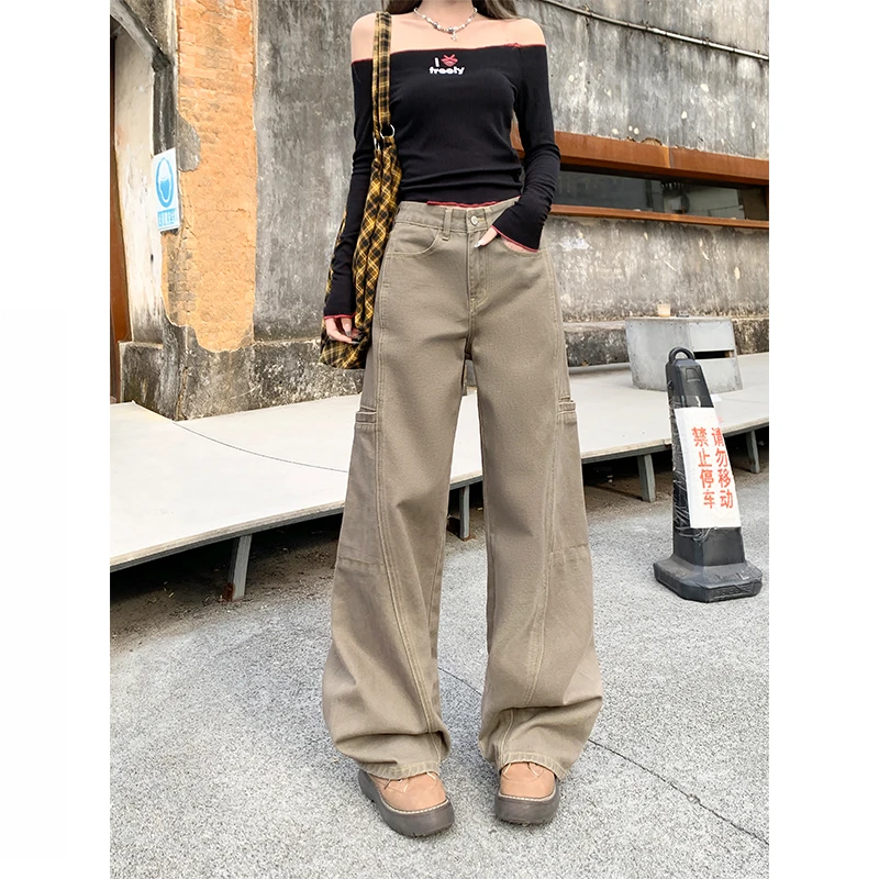 美式复古浅咖色工装牛仔裤女2025年秋季新款高腰宽松显瘦直筒裤子