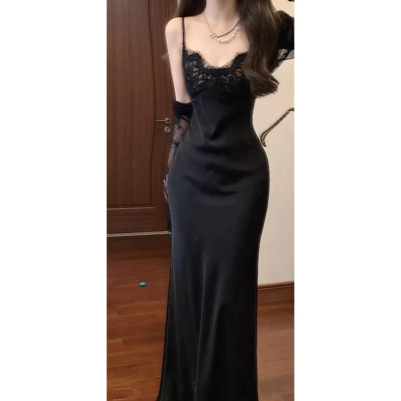 风情万种名媛气质V领吊带连衣裙纯欲性感包臀长裙&披肩外套9789